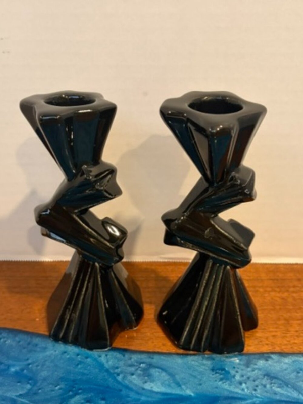 Pair of Black Art Deco Geometric Ceramic Candlestick Holders